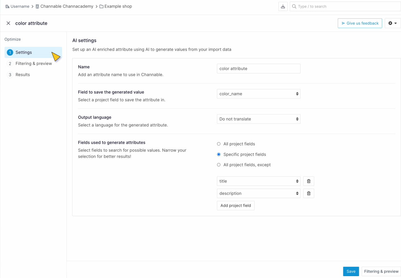Configuring input fields and filters