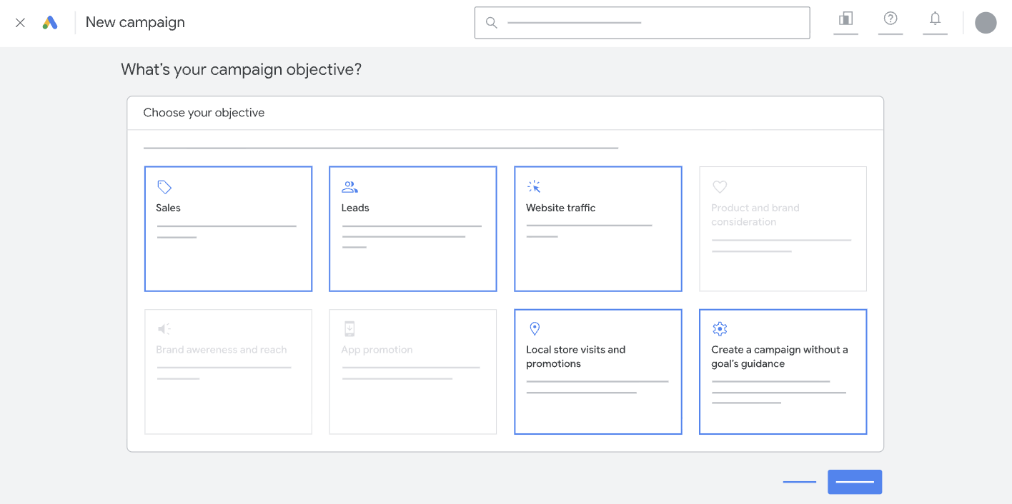 Google Ads “New campaign” page showing objective options like Sales, Leads, Website traffic, and Local store visits.