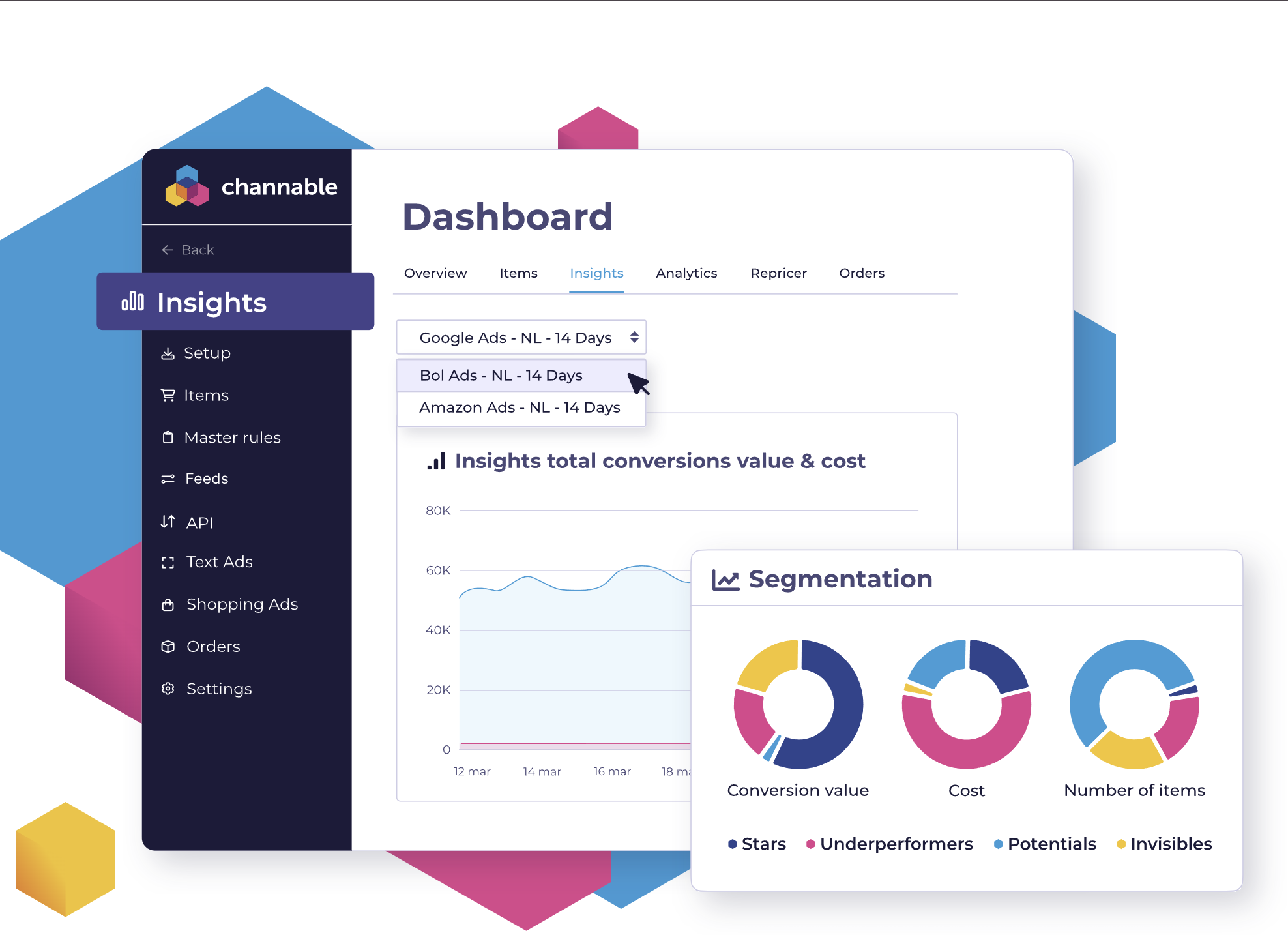 Insights dashboard in Channable showcasing total conversions value and cost