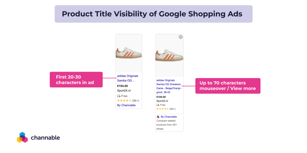images showing how product title visibility changes depending on the placement on Google Shopping Ads