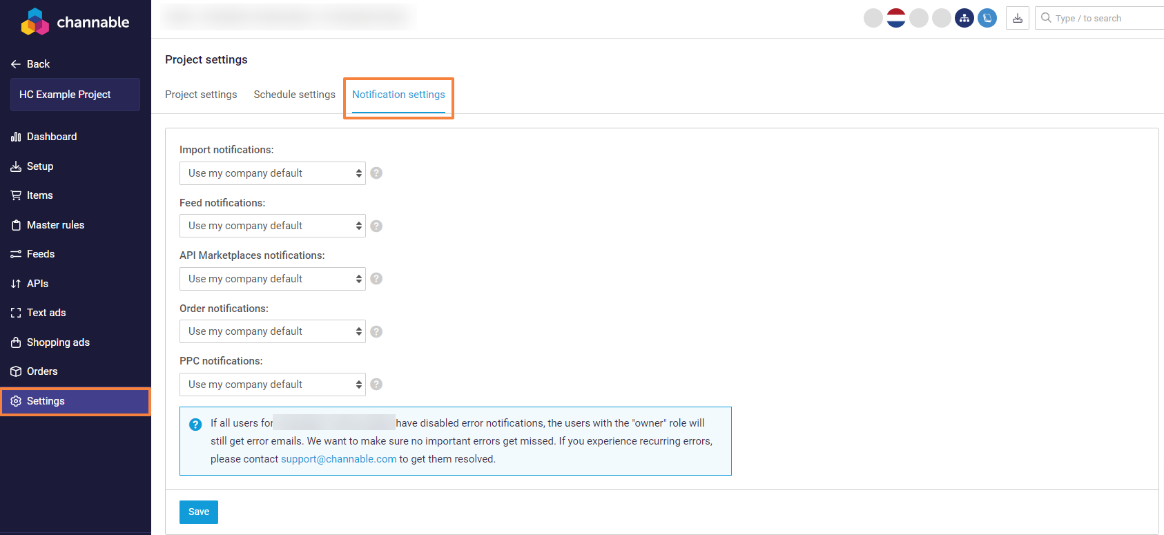 Project notification settings can alert you when imports, feeds, or exports fail