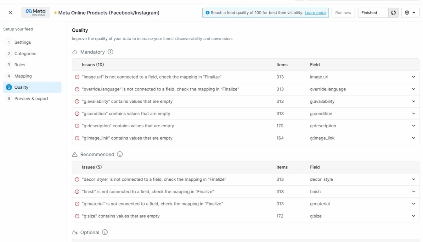 Meta product feed quality issues screen