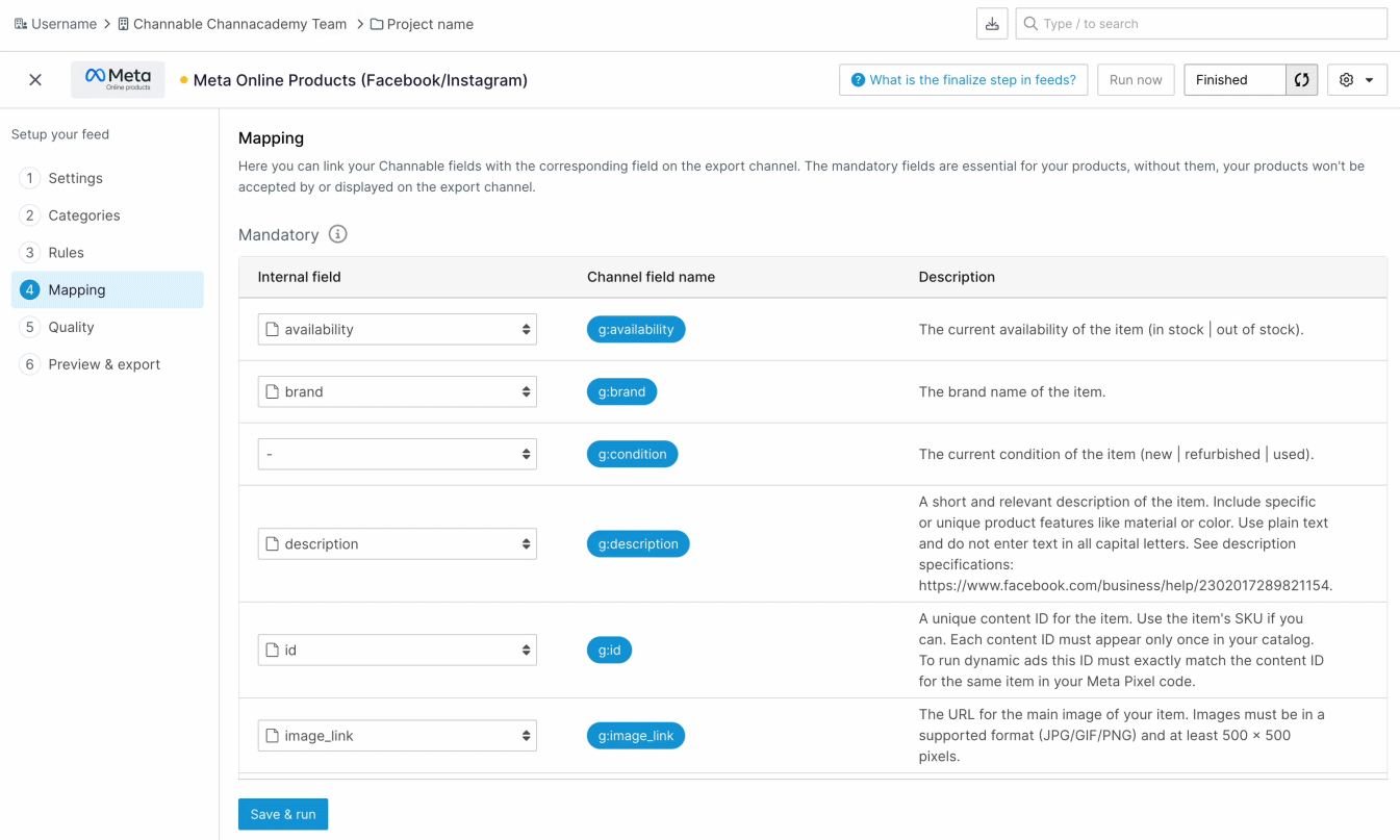 Meta feed mandatory field mapping