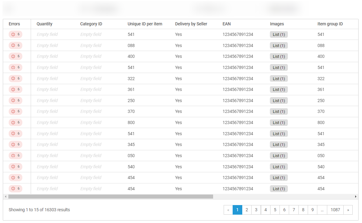 Product table with empty quantity fields