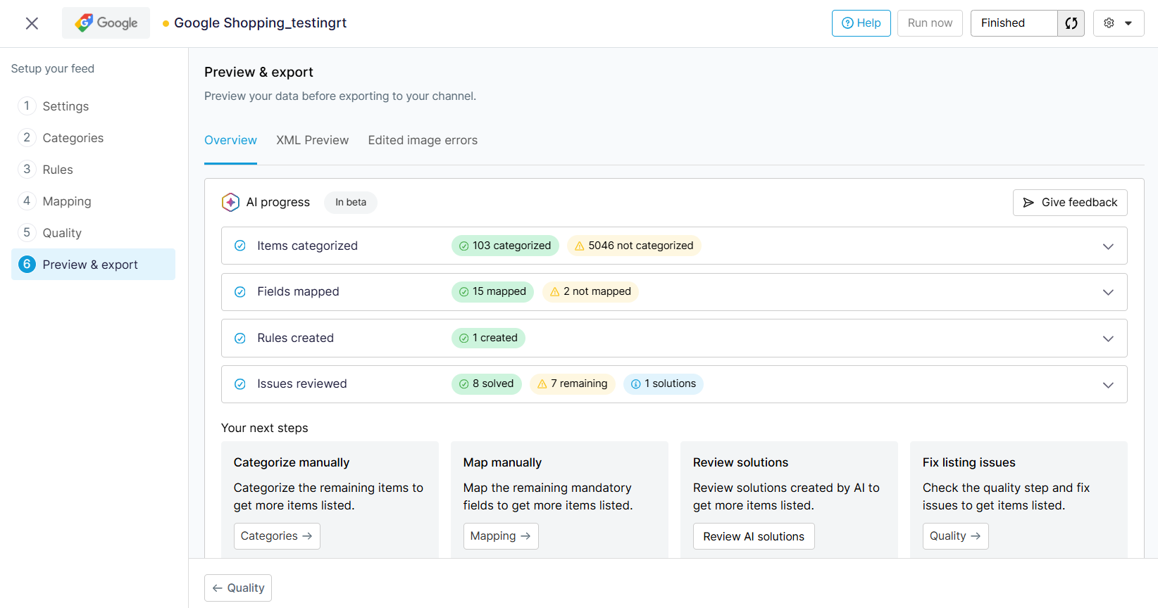 Google Shopping preview and export dashboard