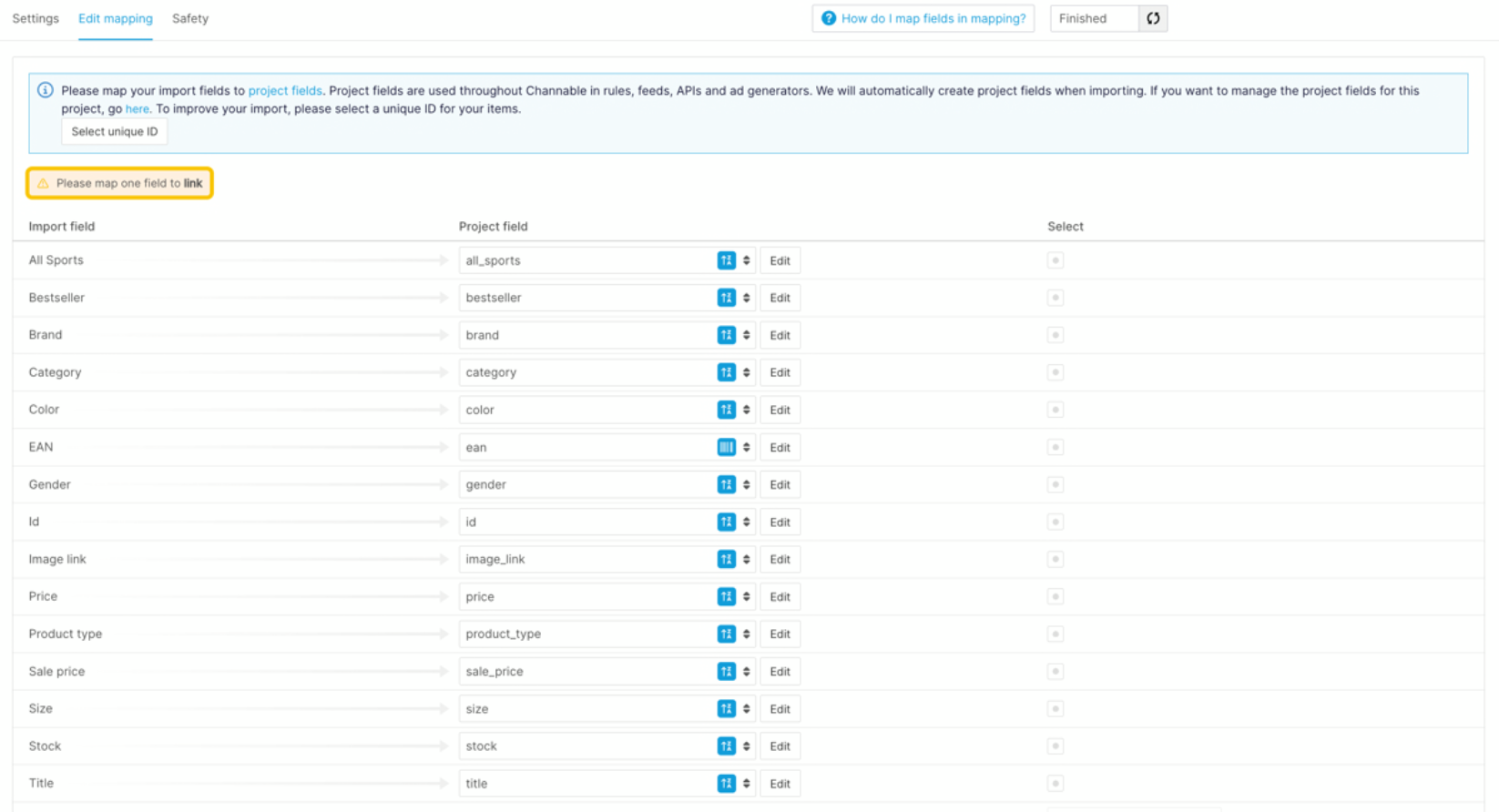 The process of field mapping in Channable creates project fields based on your import field names so the same source can power multiple channels
