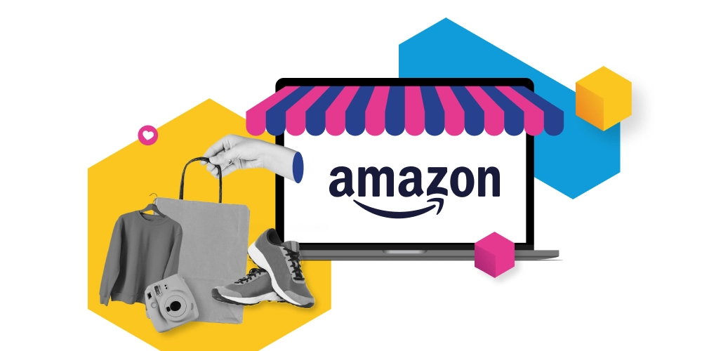 Illustration of a laptop displaying the Amazon logo under a market stall awning, surrounded by Channable's branded geometric shapes and a shopping bag containing clothing, shoes, and a camera