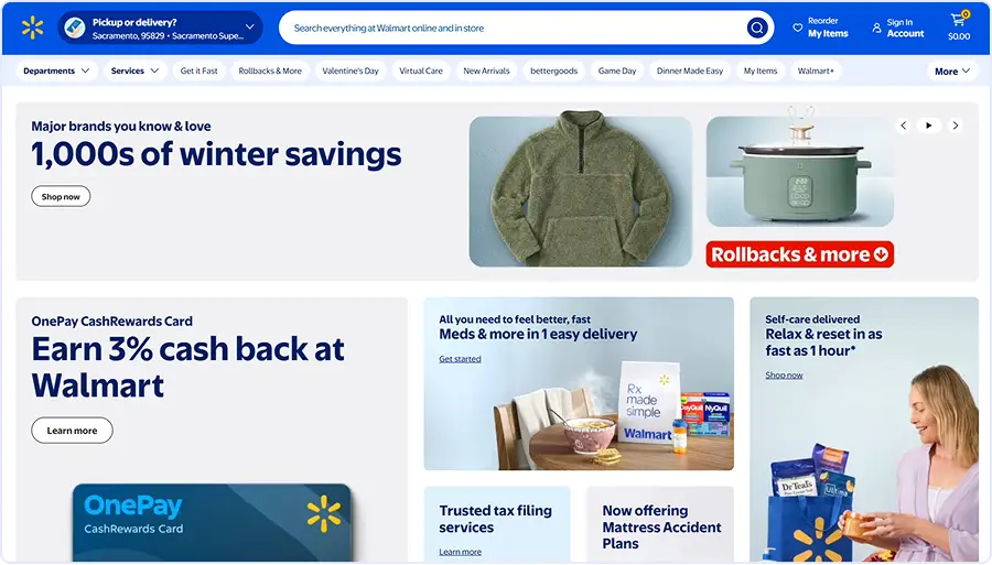 Screenshot of Walmart's homepage featuring a winter savings promotion, the OnePay CashRewards Card offer, and service banners for same-day medicine delivery and self-care products