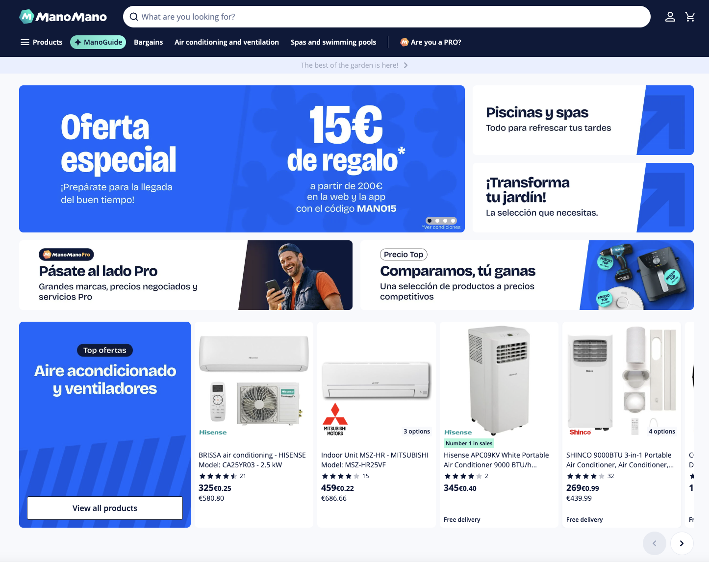 Screenshot of ManoMano's marketplace homepage showing a promotional banner for a special offer and featured air conditioning and ventilation products from brands including Hisense and Mitsubishi