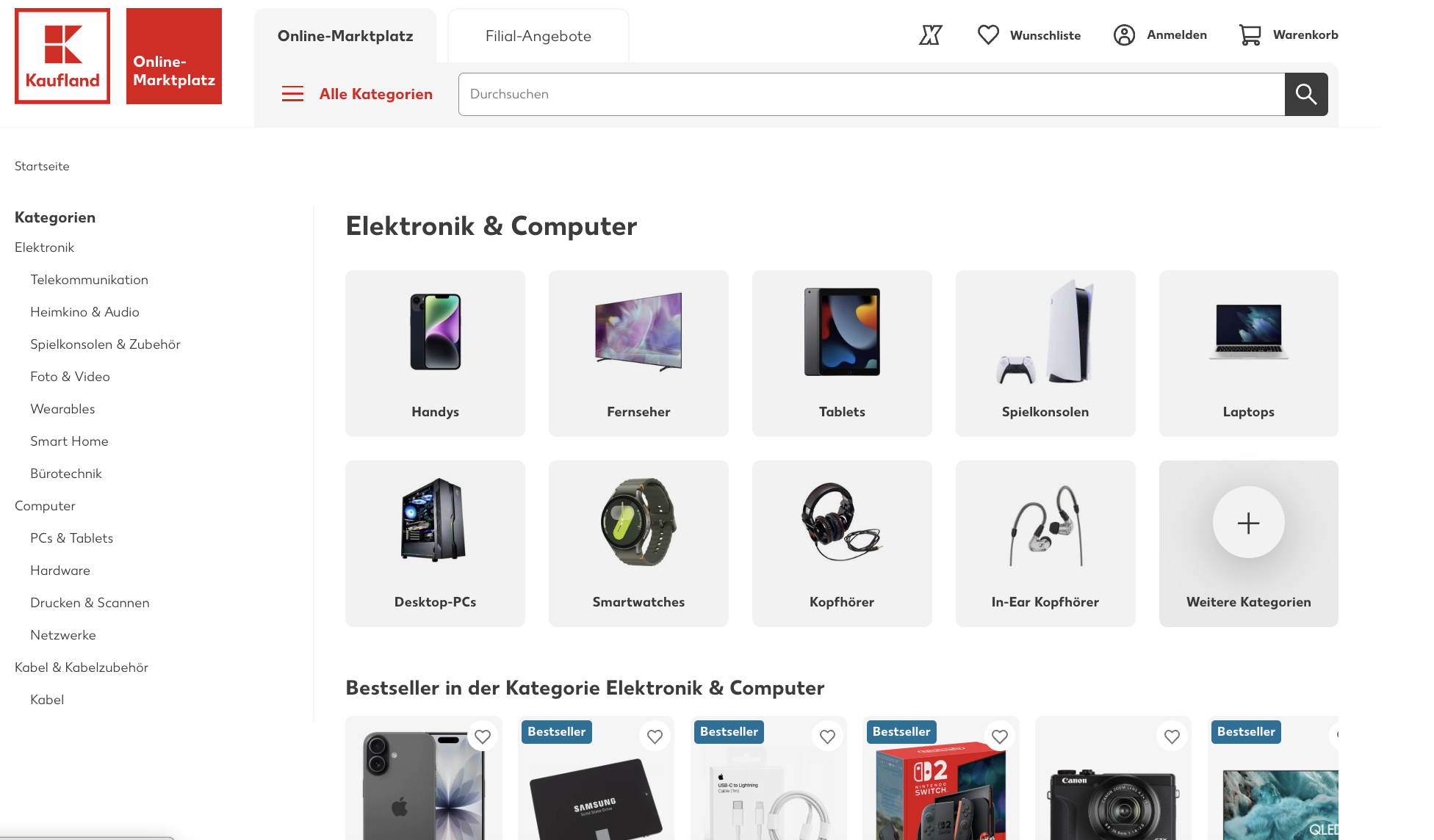 Screenshot of Kaufland's online marketplace electronics category page, displaying subcategories including Handys (phones), Fernseher (TVs), Tablets, Spielkonsolen (gaming consoles), Laptops, Desktop