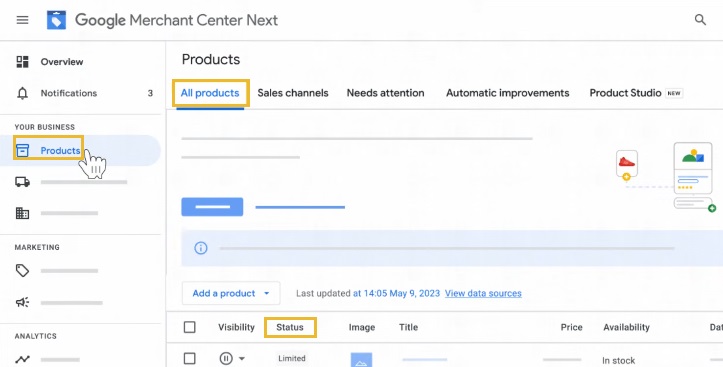 Viewing products with the Disapproved status in Google Merchant Center