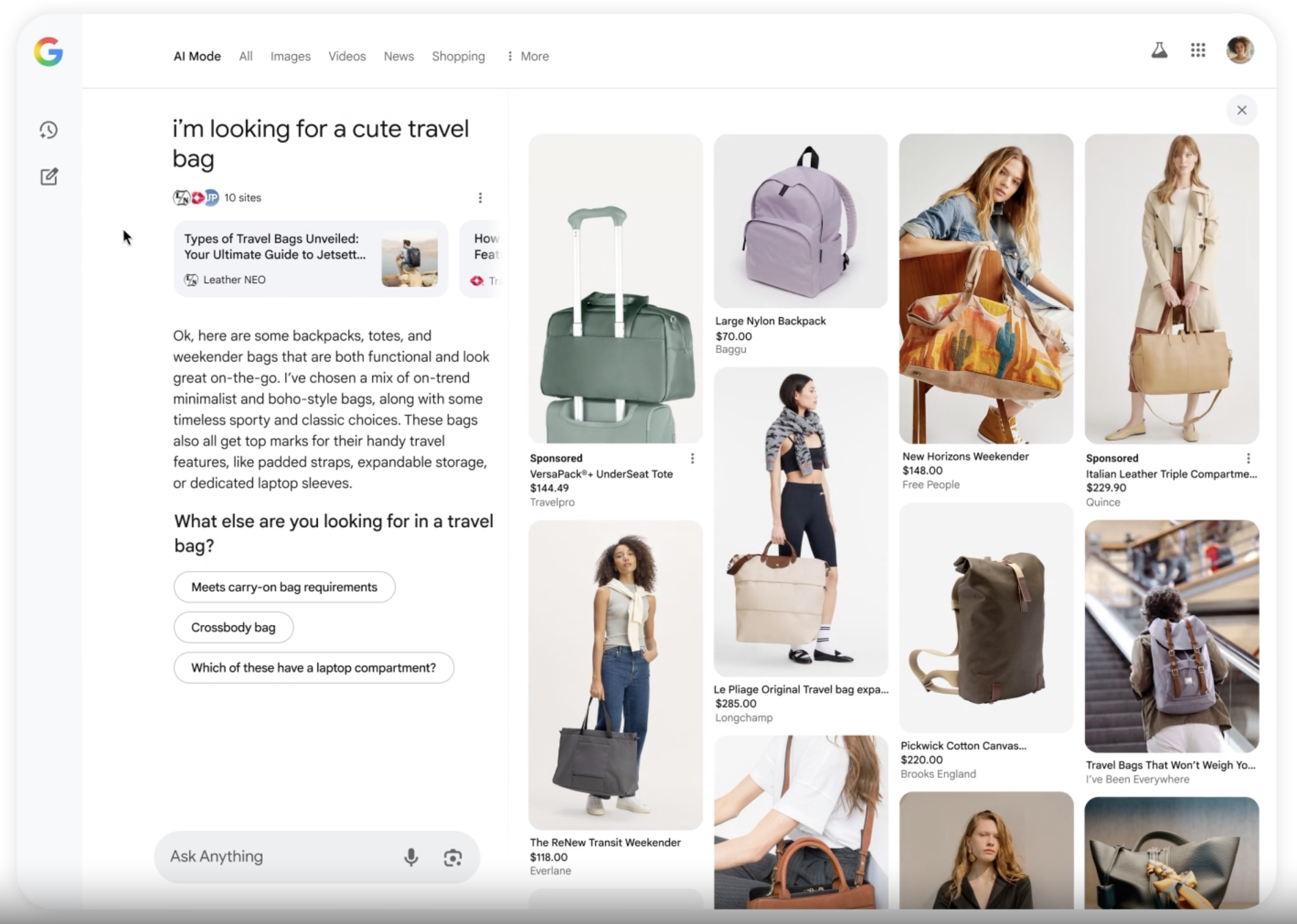 Google AI Mode search results for the conversational query I'm looking for a cute travel bag, showing a visual product panel with backpacks, totes, and weekender bags