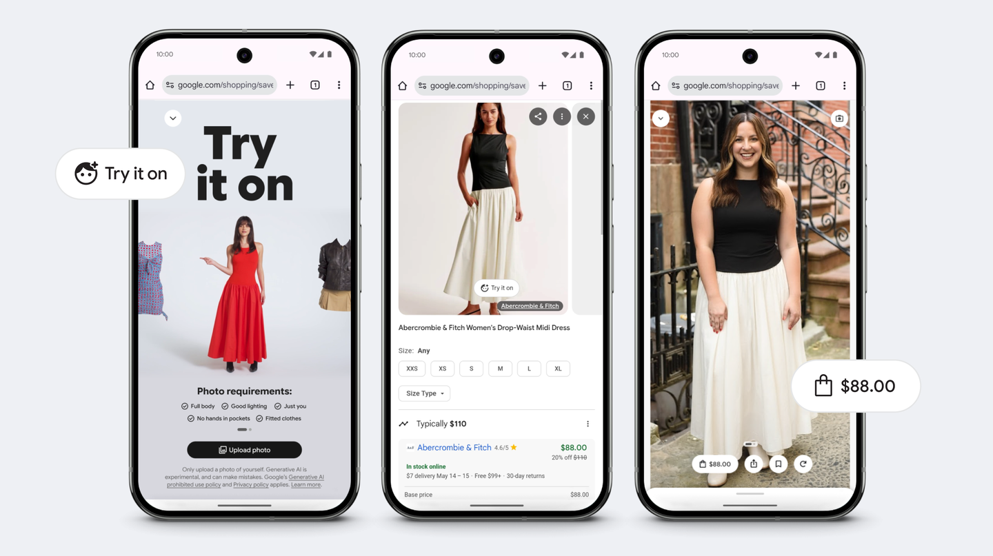 Three-step mobile demonstration of Google Shopping's virtual try-on feature, showing a shopper uploading their photo, selecting an Abercrombie & Fitch drop-waist midi dress at $88, and seeing the garment rendered