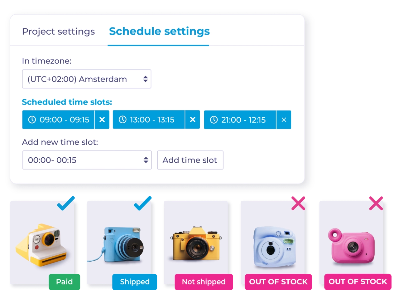 Channable's schedule settings interface showing automated feed update time slots at 0900, 1300, and 2100, with product cards below illustrating order and inventory status labels