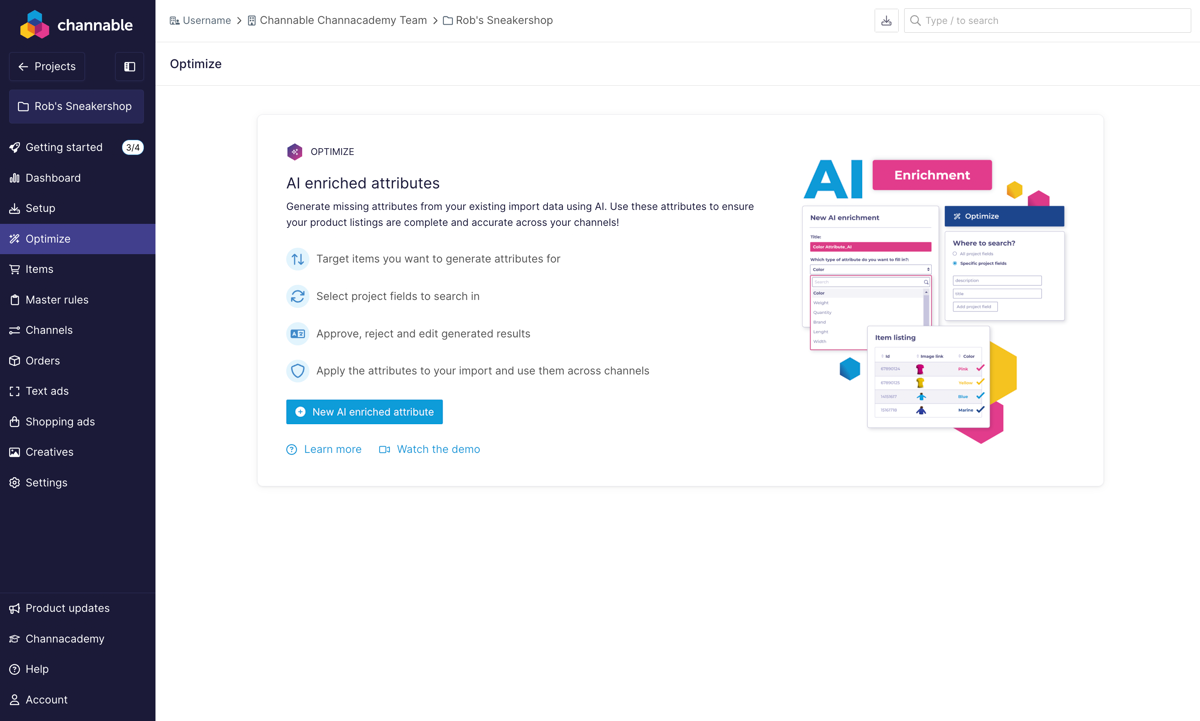 Channable's AI attribute enrichment extracts missing values like color, material, and weight.