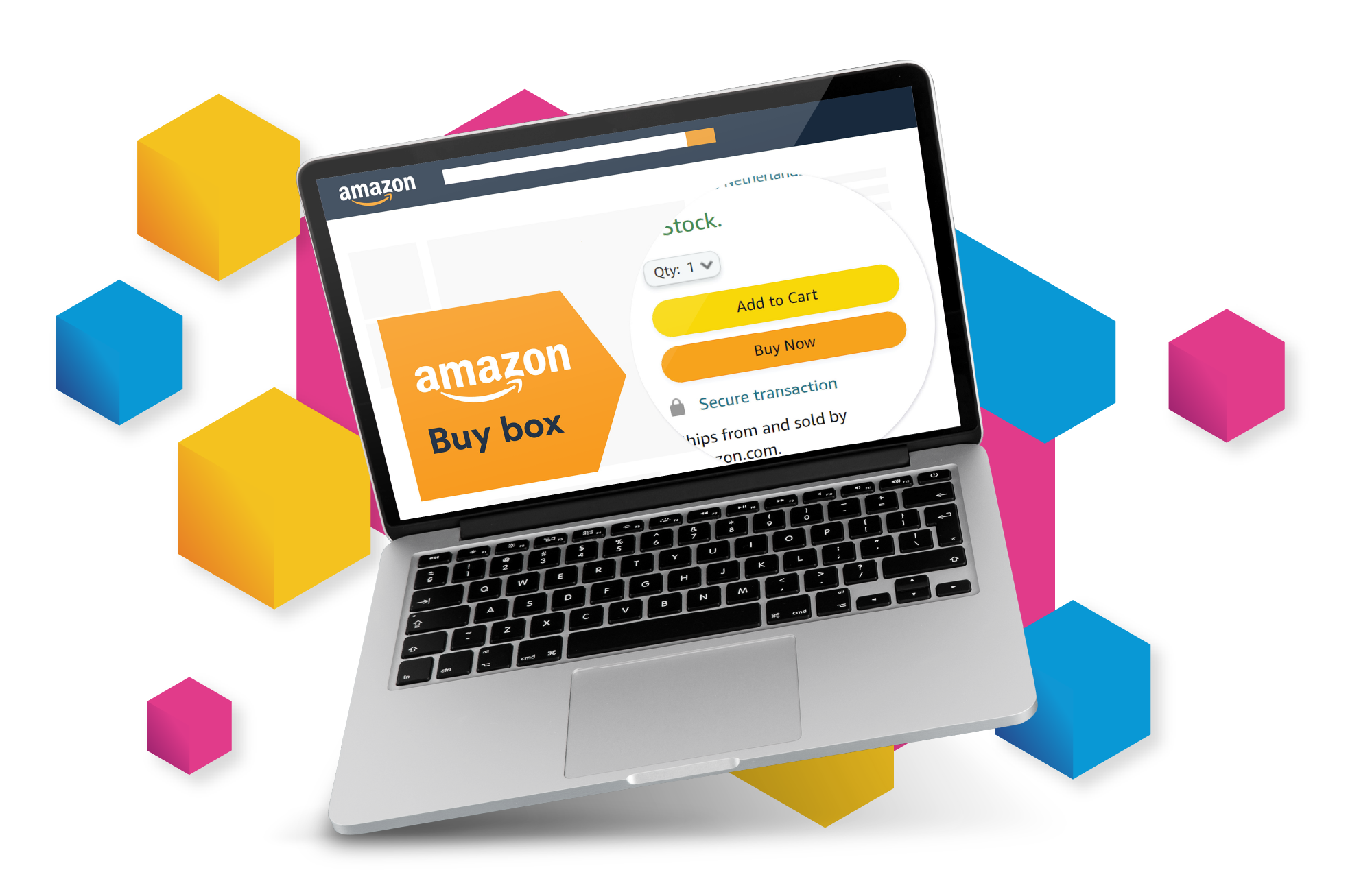 Laptop screen displaying a text reading Amazon Buy Box