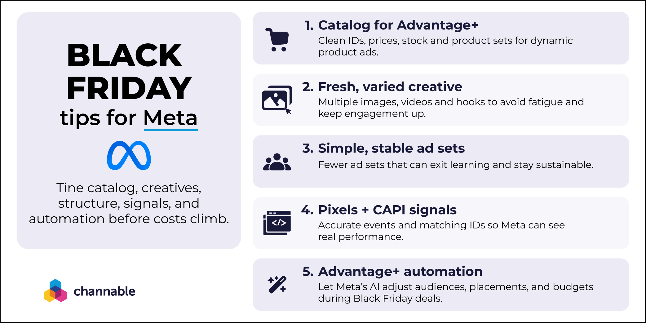 For Black Friday Meta campaigns, eCommerce businesses should clean their catalogs, refresh creatives, use Advantage+ automation, simplify ad sets, and fix their Pixel and Conversions API (CAPI) signals