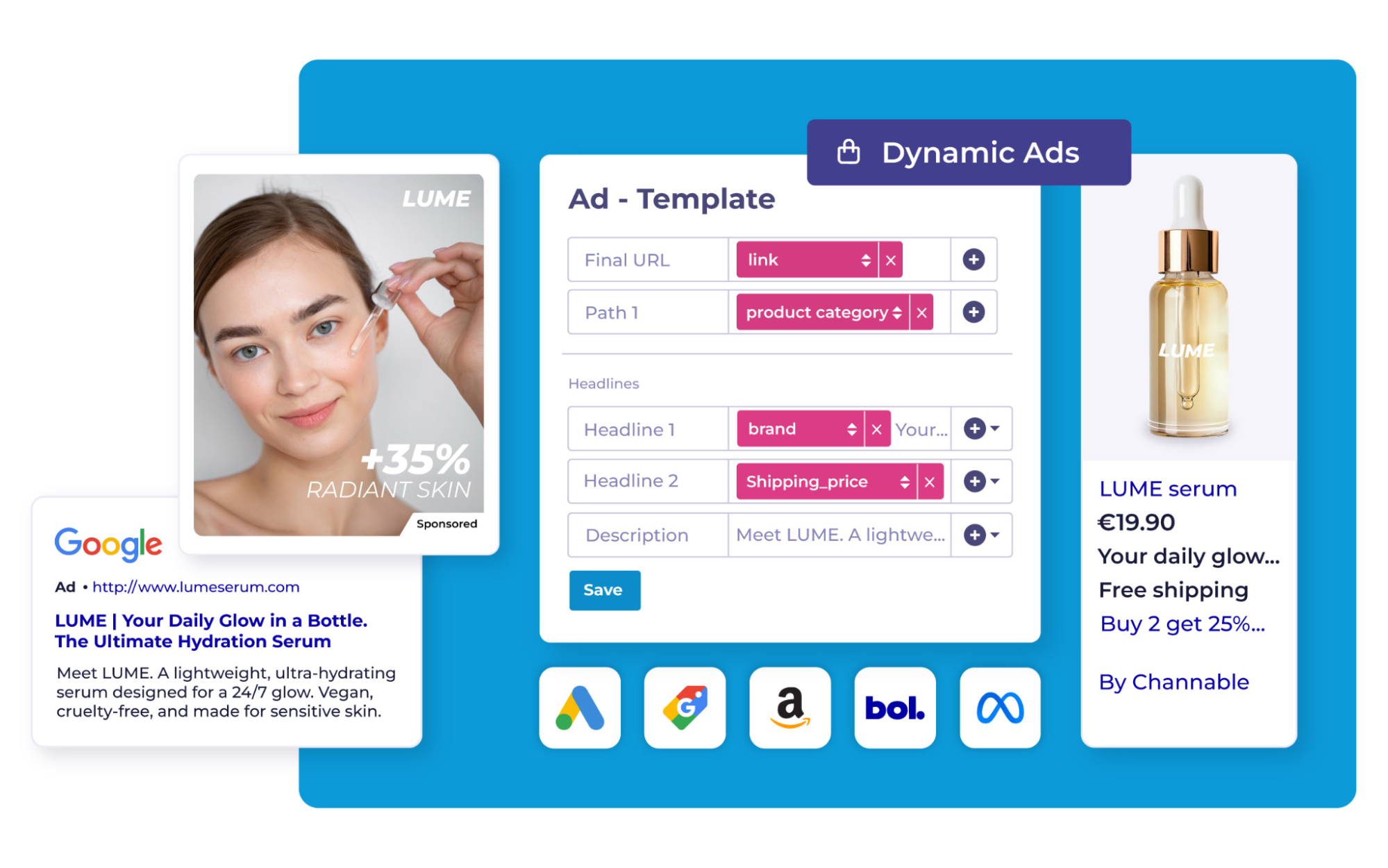 A visual representation of how Channable helps users manage Amazon Sponsored Products campaigns alongside Google and bol ads from one dashboard