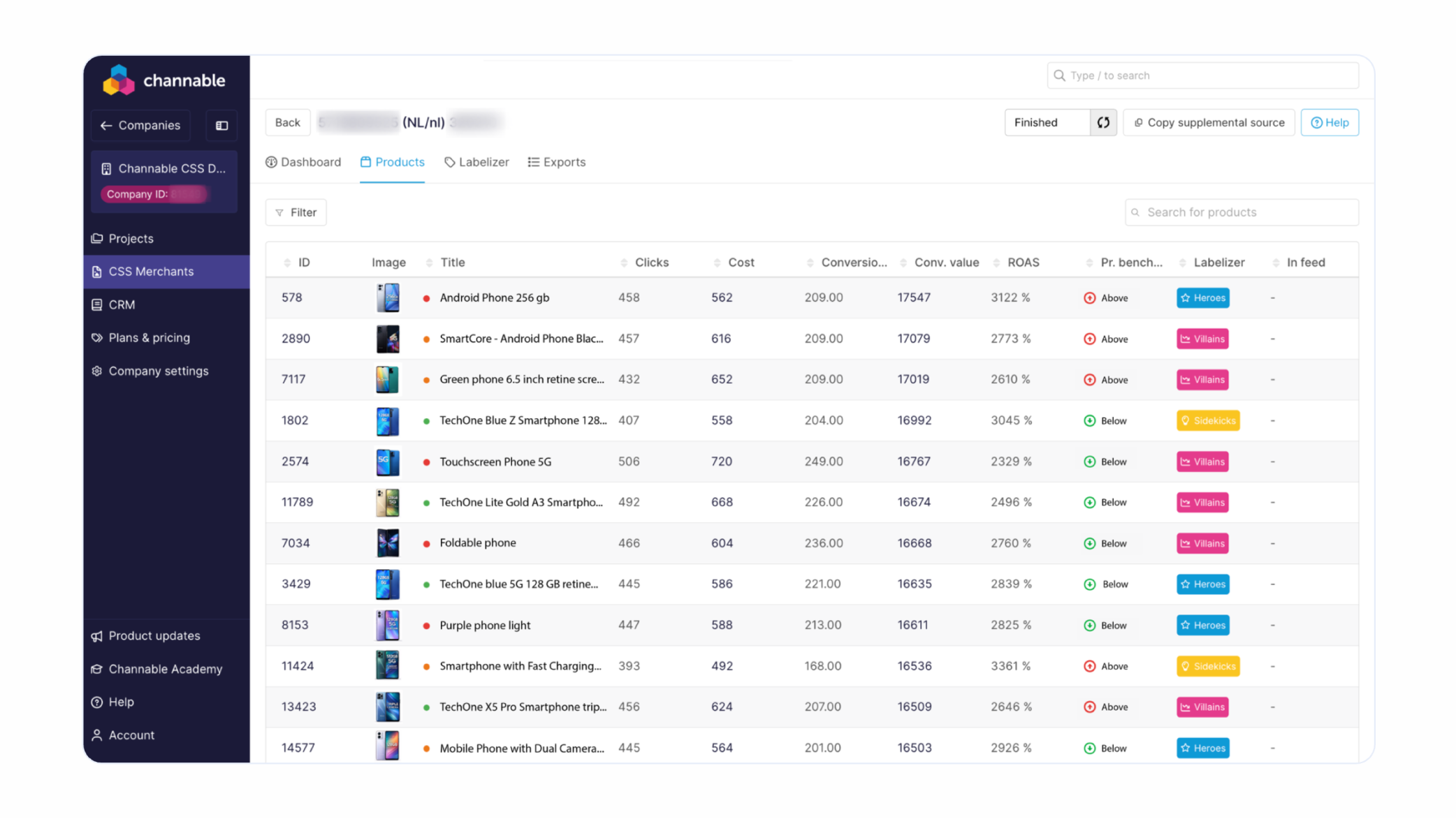 Channable's CSS Merchants dashboard displaying a product feed, with details like product image, title, clicks, cost, pricing benchmarks, and more