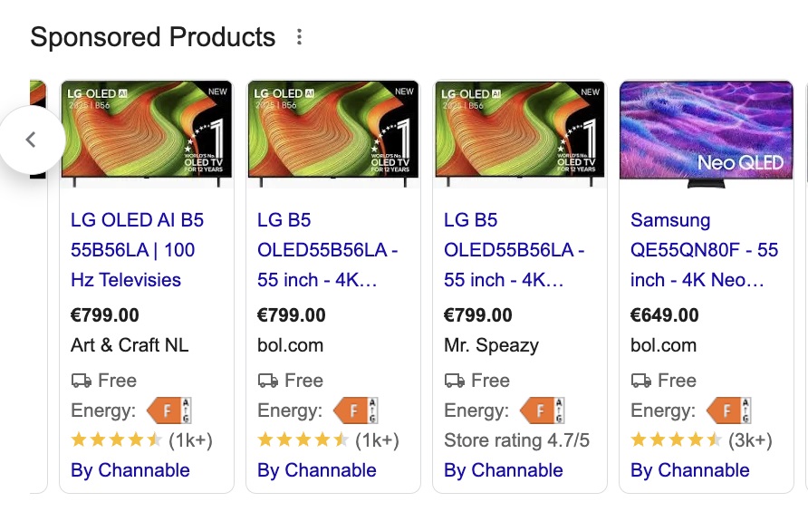 A Google Shopping Sponsored Products carousel displaying four television listings. The listings show LG and Samsung TVs with prices, retailer names, free delivery tags, energy ratings, and "By Channable" labels