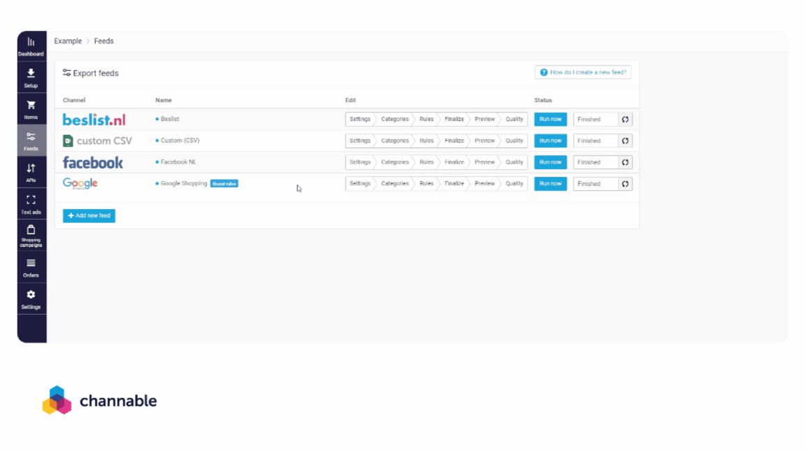 Channable export feed dashboard shows Google Shopping channels and product category settings