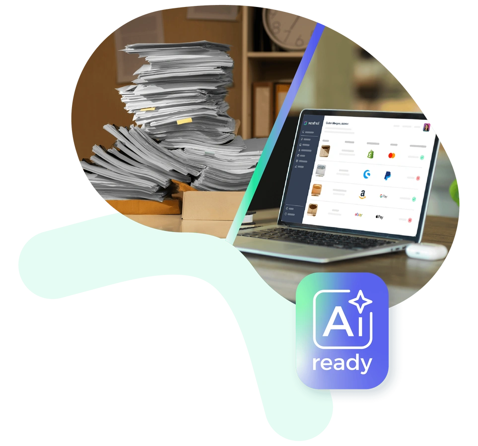 Ein großer Stapel Papier auf der linken Seite und eine digitale Lösung, die auf einem Laptop-Bildschirm auf der rechten Seite angezeigt wird. Badge für KI-Bereitschaft in der unteren rechten Ecke.