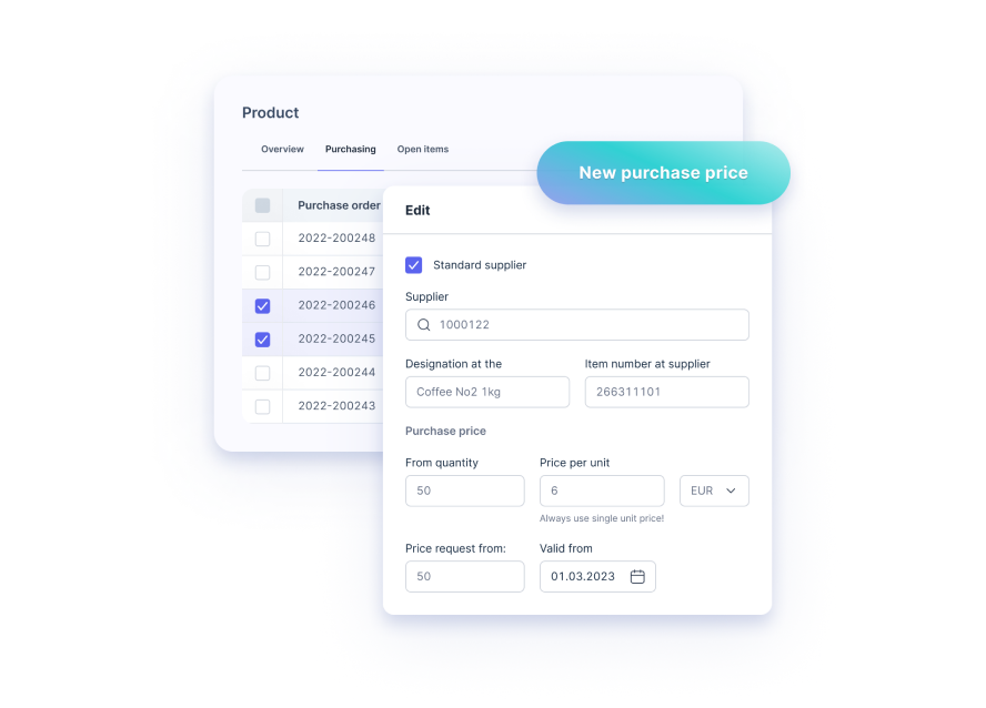 Screenshot der Xentral ERP Benutzeroberfläche: Ein Bearbeitungsfenster für Einkaufspreise zeigt Lieferanten-Details, Artikelnummern und Staffelpreise für ein Kaffeeprodukt.