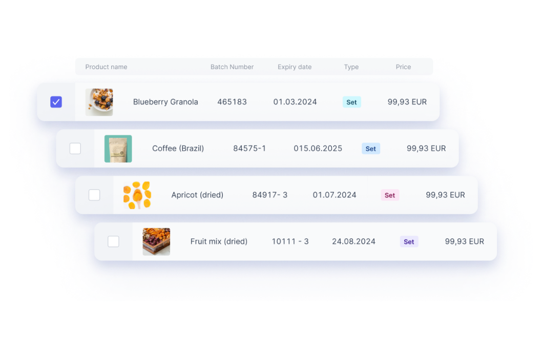 Xentral ERP: Eine tabellarische Produktübersicht in Xentral mit Spalten für Produktname, Chargennummer, Mindesthaltbarkeitsdatum und Preis für Artikel wie Blueberry Granola, Kaffee und Trockenfrüchte.