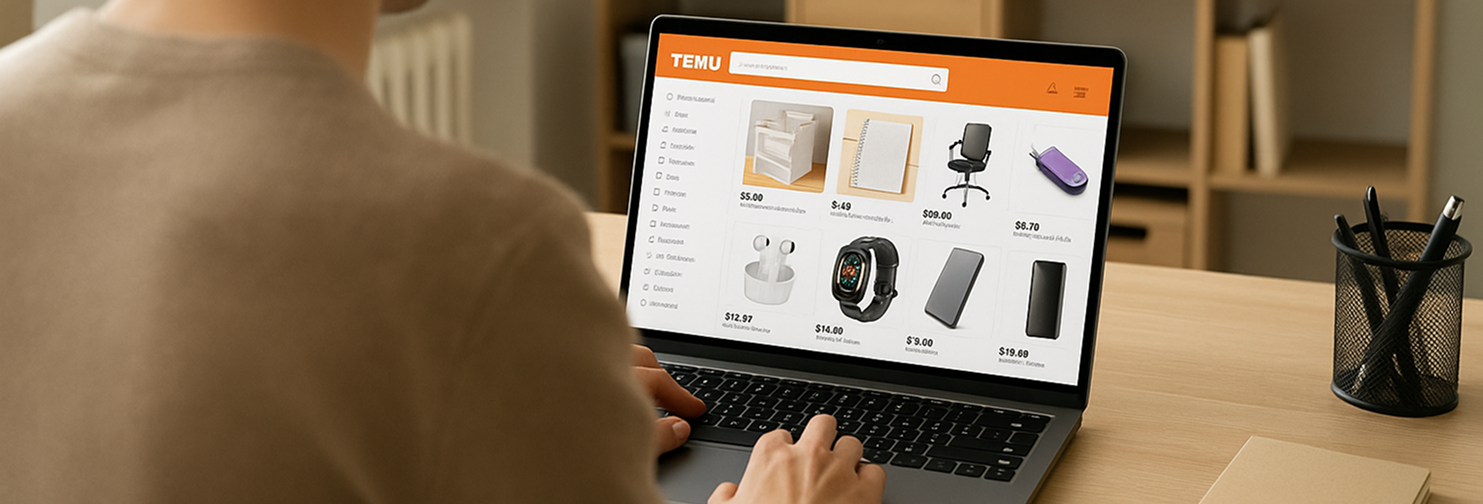 Person sitzt am Laptop und nutzt das Temu-Shop-Interface zur Produktverwaltung – Verkaufen auf Temu einfach gemacht.