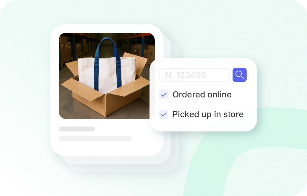 Xentral ERP pick & collect: A digital composite on a light green background. It features a product card showing a white tote bag inside an open cardboard box in a warehouse setting. Next to it is a software widget with a search bar and two checked boxes labeled "Ordered online" and "Picked up in store."