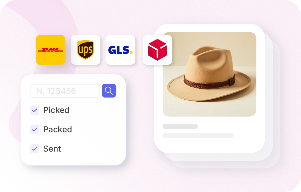 Xentral ERP for retail: A shipping status interface showing checklist items for "Picked", "Packed", and "Sent" next to a product image and carrier logos for DHL, UPS, and GLS.