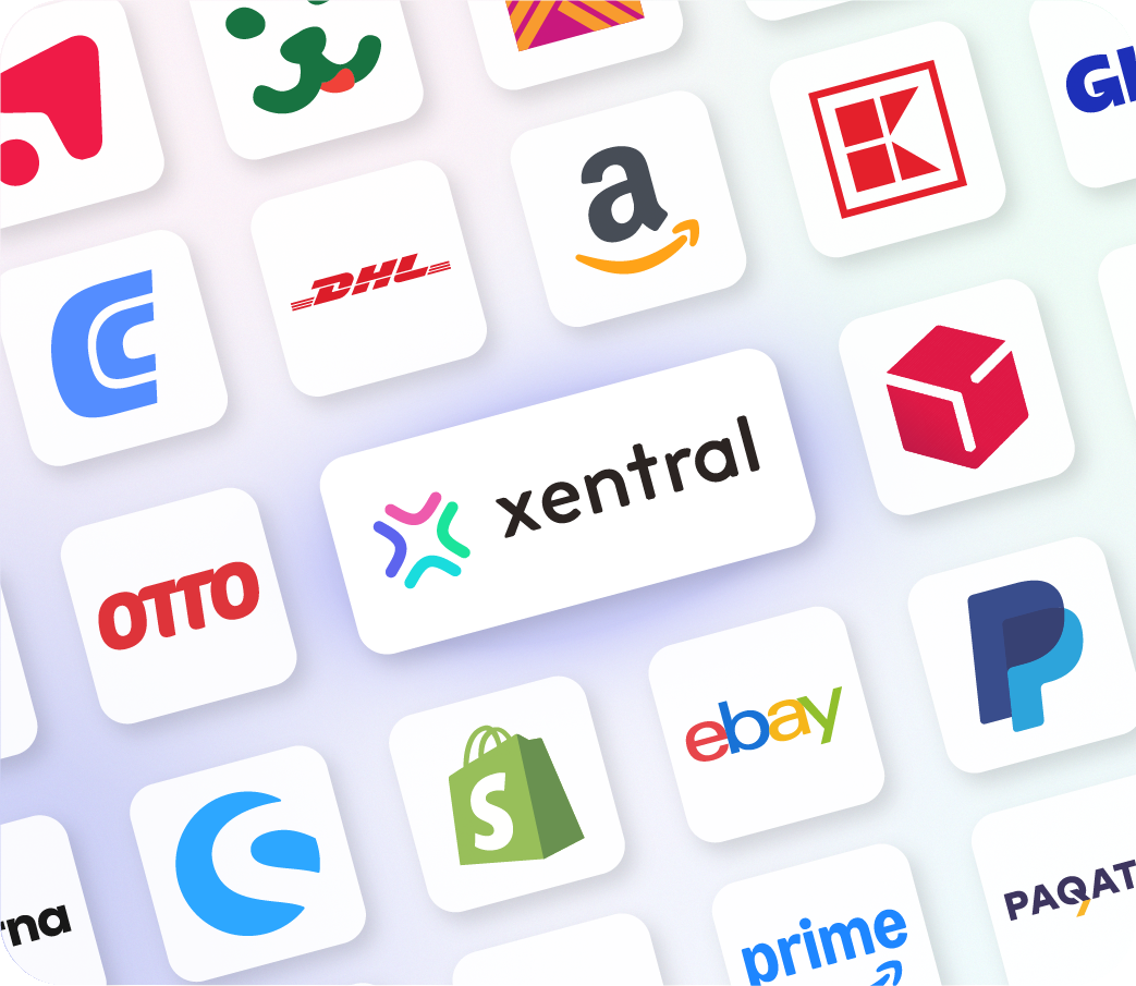 Maximale Flexibilität durch Xentral Integrationen: Xentral Logo umgeben von zahlreichen Partner-Logos wie Amazon, eBay, Shopify, DHL, Otto und PayPal auf einem hellen, grafischen Hintergrund.