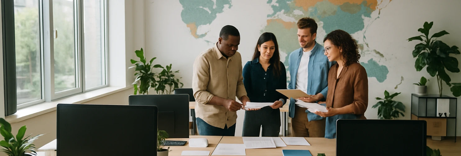 Helles modernes Büro: Mehrere Personen stehen um einen Schreibtisch, besprechen internationale Versanddokumente, im Hintergrund große Fenster und Weltkarten an der Wand – authentische Arbeitsumgebung für Cross-Border e-Commerce.