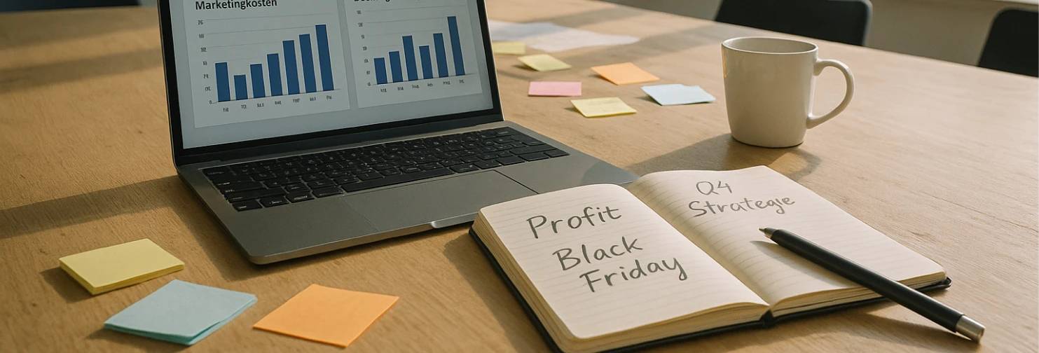 Arbeitsplatz mit Analyse-Tool zu Marketingkosten und Deckungsbeiträgen, handschriftlichen Notizen ‚Q4 Strategie‘, ‚Profit‘ und Whiteboard mit Post-its.