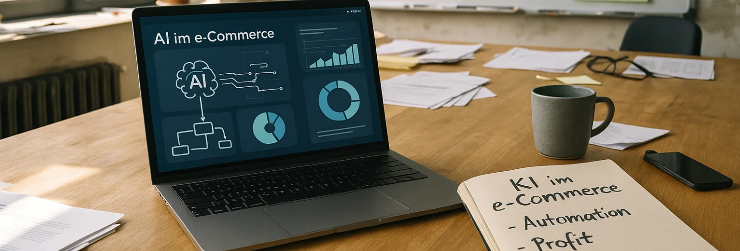 Laptop mit KI-Dashboard und Whiteboard mit Post-its zu e-Commerce Strategie, Customer Journey und Forecasting im modernen Büro.