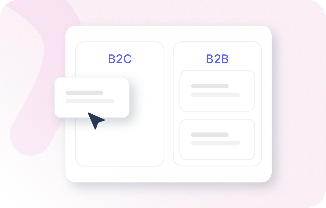Xentral ERP: Eine minimalistische Grafik zeigt zwei nebeneinander liegende Felder mit den Aufschriften „B2C“ und „B2B“. Ein Mauszeiger schwebt über einem kleinen Informationsfenster im B2C-Bereich auf einem hellen Hintergrund mit sanften lila Akzenten.
