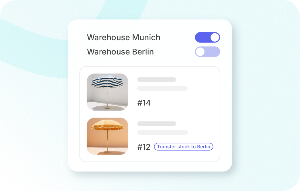 ERP for hybrid business models: A digital dashboard displaying inventory at "Warehouse Munich" and "Warehouse Berlin" with toggle switches. Two striped patio umbrellas are shown below, with a "Transfer stock to Berlin" action button next to the second item.