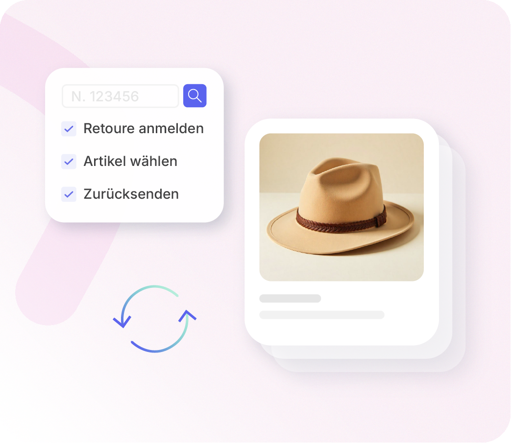 Xentral ERP Retourenmanagement: Eine digitale Benutzeroberfläche auf hellem Hintergrund. Links befindet sich ein Widget mit dem Titel „N. 123456“ und einer Suchlupe, darunter eine Checkliste mit den Punkten „Retoure anmelden“, „Artikel wählen“ und „Zurücksenden“. Rechts daneben schwebt eine Produktkarte mit dem Foto eines beigen Filzhutes mit braunem Lederband. Ein kreisförmiges Pfeil-Symbol am unteren Rand verdeutlicht den Prozess der Rückführung.