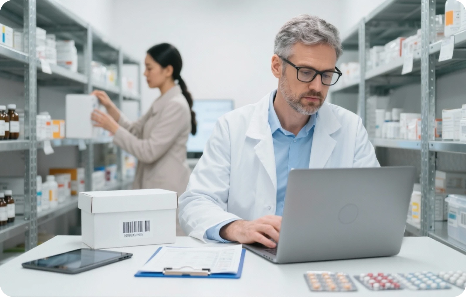 Xentral ERP für die Chemiebranche: Ein älterer Mann mit Brille und weißem Laborkittel arbeitet konzentriert an einem Laptop in einem hellen Lagerraum. Im Hintergrund sortiert eine Frau in heller Kleidung Kartons in Metallregalen. Auf dem Tisch im Vordergrund liegen ein weißer Karton mit Barcode, ein Tablet, Klemmbretter und mehrere Blister mit Kapseln.