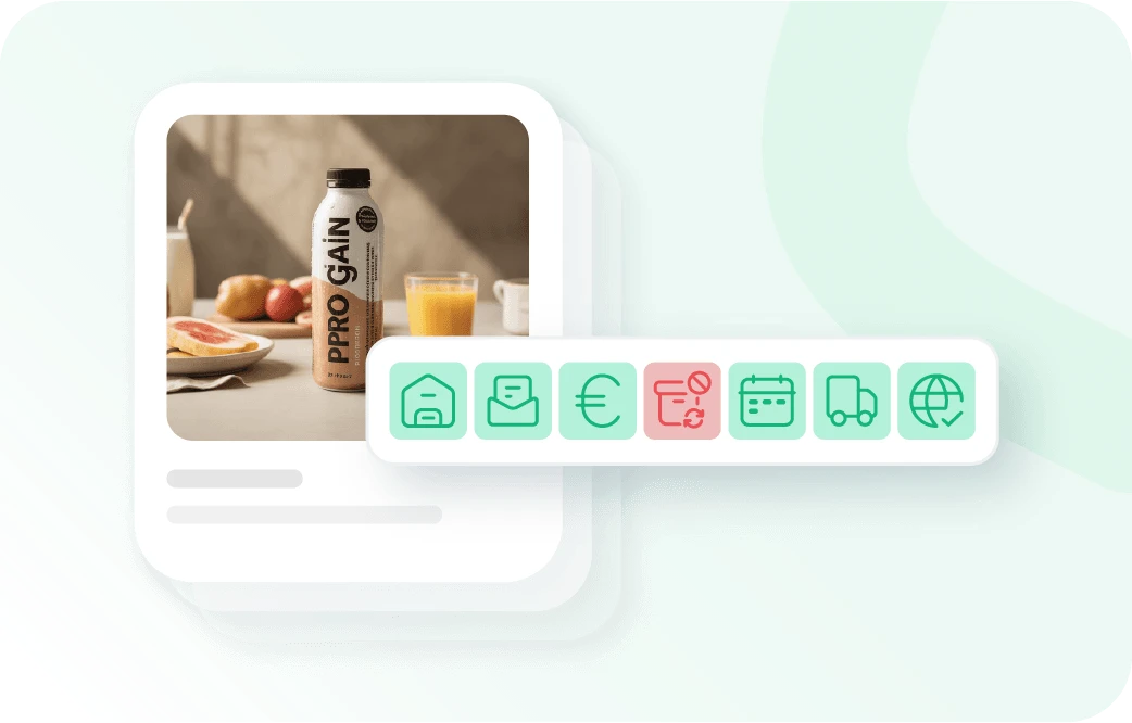 ERP für Fulfillment: Eine digitale Karte zeigt ein Produktfoto einer „PRO GAIN“ Proteingetränk-Flasche auf einem Frühstückstisch mit Grapefruit und Saft. Über das Bild legt sich ein horizontales Menü mit sieben grünen Icons, die verschiedene Unternehmensbereiche wie Lager, E-Mail-Kommunikation, Finanzen und Versandlogistik symbolisieren.