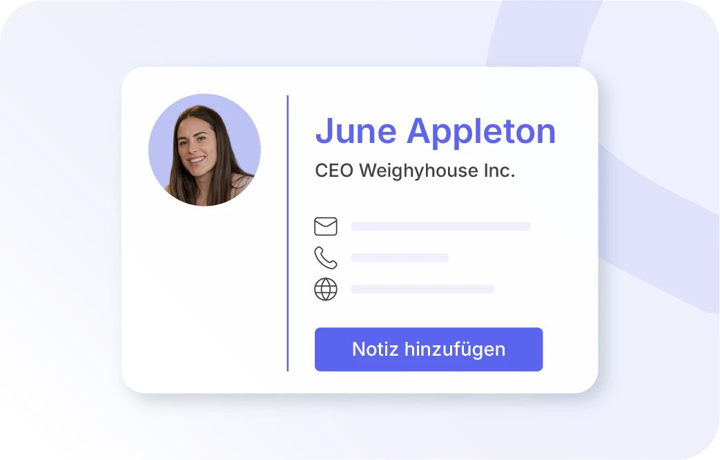 Xentral ERP für B2B: Eine digitale Kundenkarte zeigt das Porträt von „June Appleton, CEO Weighyhouse Inc.“. Neben dem Namen befinden sich Icons für E-Mail, Telefon und Website mit Platzhalter-Linien. Am unteren Rand ist eine auffällige blaue Schaltfläche mit der Aufschrift „Notiz hinzufügen“ platziert.