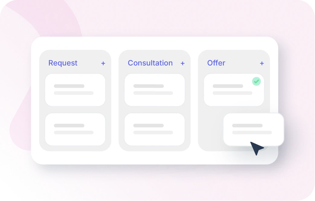 Xentral ERP for B2B: A digital Kanban sales board on a light pink background. Three columns are labeled "Request", "Consultation", and "Offer". Stylized cards represent leads, with a mouse cursor moving one card into the offer column where a green checkmark appears.