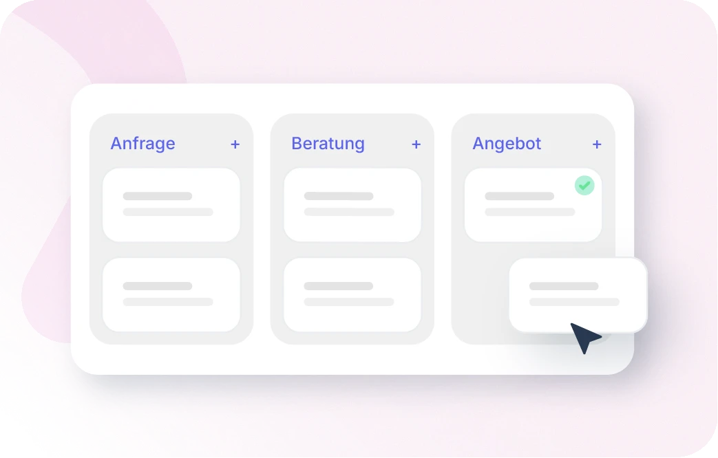 Xentral ERP für B2B: Ein digitales Kanban-Board für den Vertriebsprozess auf hellrosa Hintergrund. Drei Spalten sind beschriftet mit „Anfrage“, „Beratung“ und „Angebot“. In jeder Spalte befinden sich stilisierte Karten, wobei eine Karte per Mauszeiger in die Spalte „Angebot“ verschoben wird und ein grünes Häkchen-Symbol zeigt.