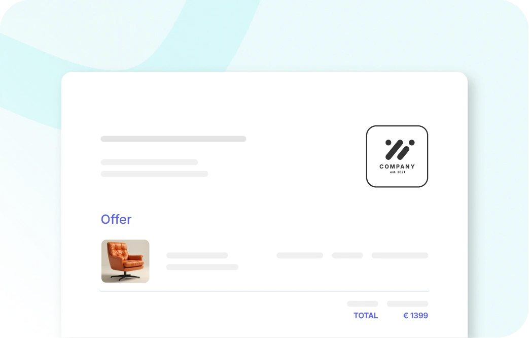 Xentral ERP for B2B: A digital document titled "Offer". It features a "COMPANY est. 2021" logo in the top right corner. The list includes one item: a brown leather armchair with placeholder description lines. The bottom right displays a total price of "Total 1399 €".