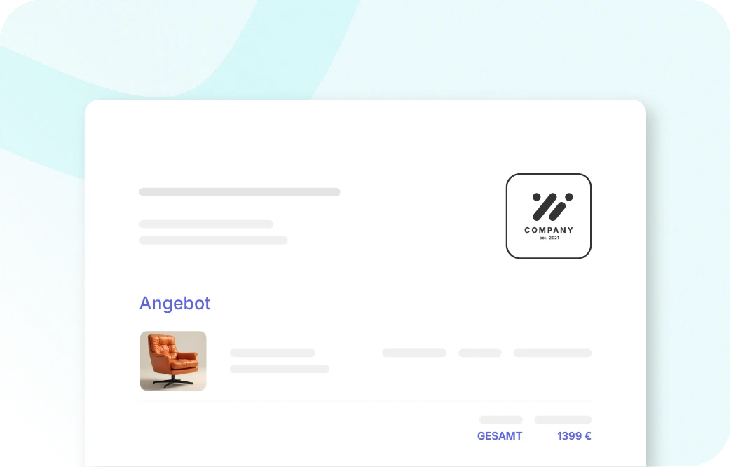 Xentral ERP für B2B: Ein digitales Dokument mit dem Titel „Angebot“ auf hellem Hintergrund. Oben rechts befindet sich ein Firmenlogo „COMPANY est. 2021“. Das Dokument zeigt eine Position mit einem Bild eines braunen Ledersessels und daneben liegenden Platzhalter-Texten für die Beschreibung. Am unteren Rand steht „GESAMT 1399 €“.