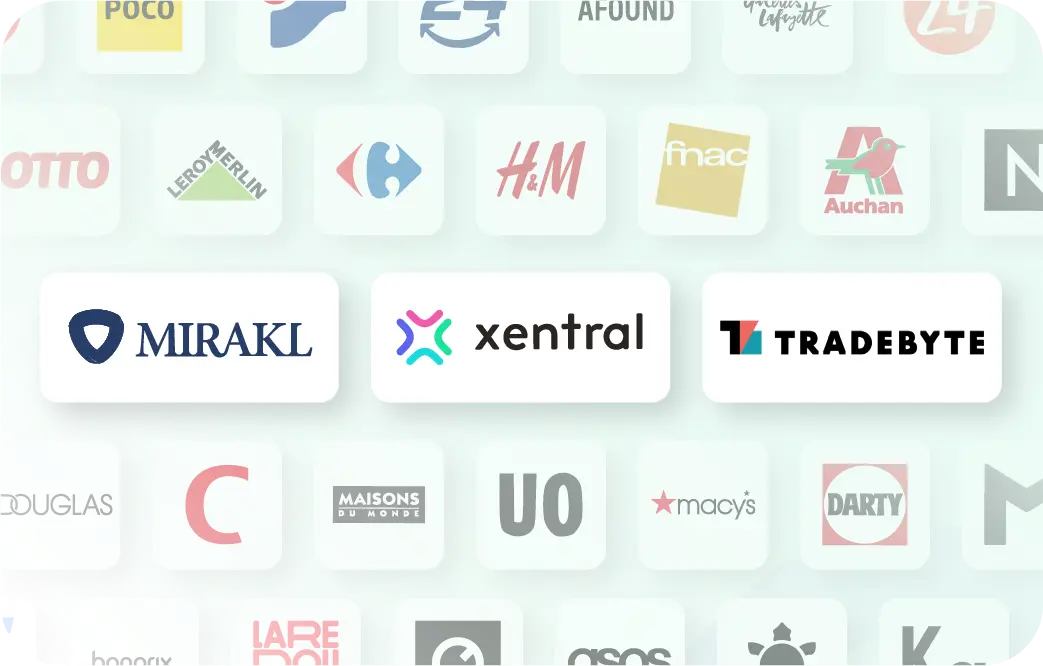 Xentral ERP: Xentral brand logo centered among numerous retail and marketplace partner logos including Mirakl, Tradebyte, Macy's, H&M, and Carrefour.