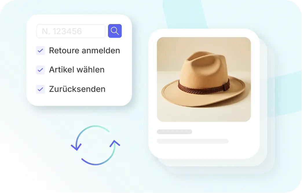 Xentral ERP für e-Commerce: Benutzeroberfläche für eine Artikel-Retoure: Ein Suchfeld für Bestellnummern neben einer Checkliste mit den Schritten Retoure erstellen, Artikel auswählen und Rücksendung, sowie das Produktbild eines beigen Hutes.