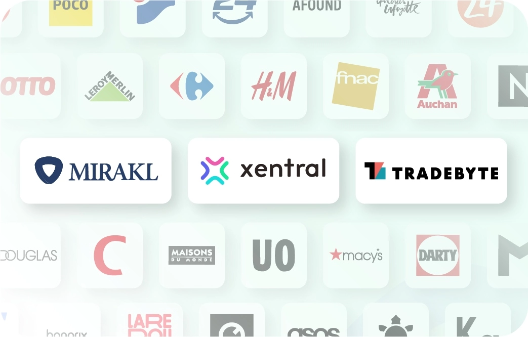 Xentral ERP für E-Commerce: Das Logo von Xentral umgeben von Partner-Logos wie Mirakl, Tradebyte, H&M, Otto, Carrefour und Leroy Merlin auf einem hellen Hintergrund.