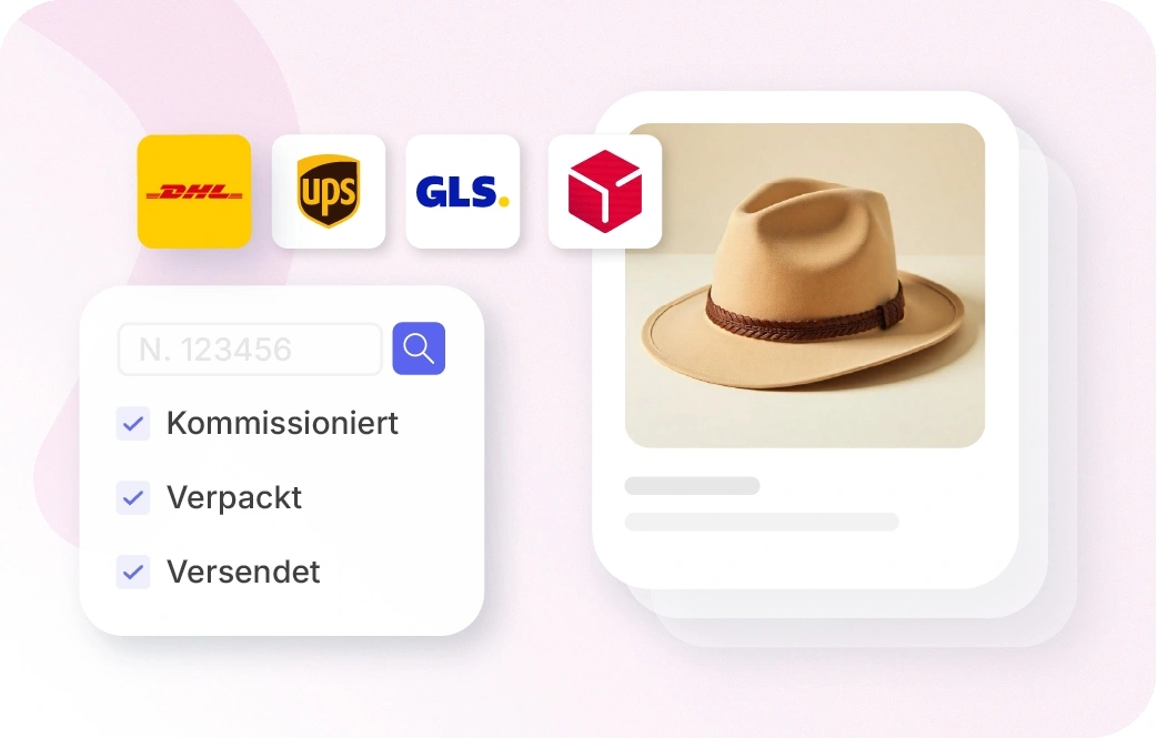 Xentral ERP für den Handel: Digitale Checkliste für den Versandprozess mit den Statusmeldungen Gepickt, Verpackt und Versendet, daneben Logistik-Logos von DHL, UPS und GLS sowie die Produktkarte eines Hutes.