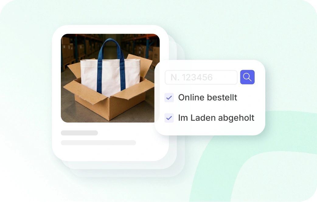Xentral ERP Pick & Collect: Eine digitale Collage auf hellgrünem Hintergrund. Sie zeigt eine Produktkarte mit einem Foto einer weißen Tragetasche in einem geöffneten Pappkarton in einem Lager. Daneben schwebt ein Widget mit einem Suchfeld und zwei Kontrollkästchen, die als „Online bestellt“ und „Im Laden abgeholt“ markiert sind.
